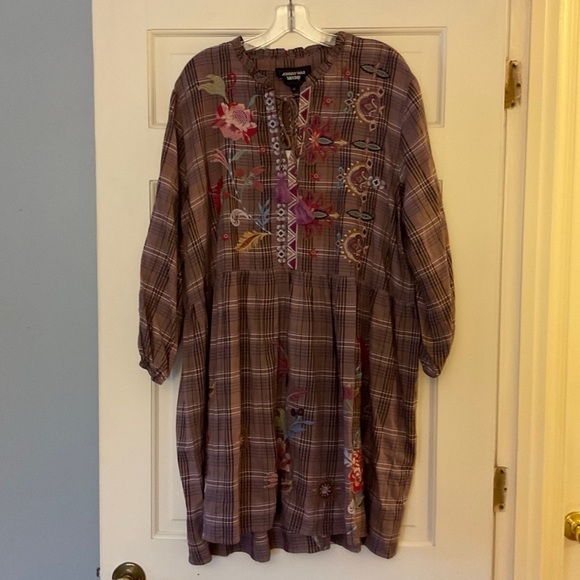 Johnny Was Dresses & Skirts - Johnny Was Garnet Field Dress Plaid Floral Embroidery Boho Hippie Peasant XL NWT